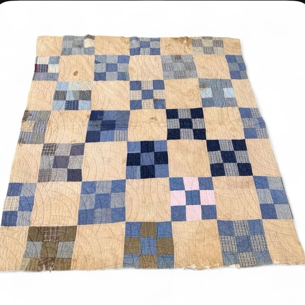 Antique Patchwork Quilt Handstitch Cotton Worn Patina Cutter Rustic Farmhouse